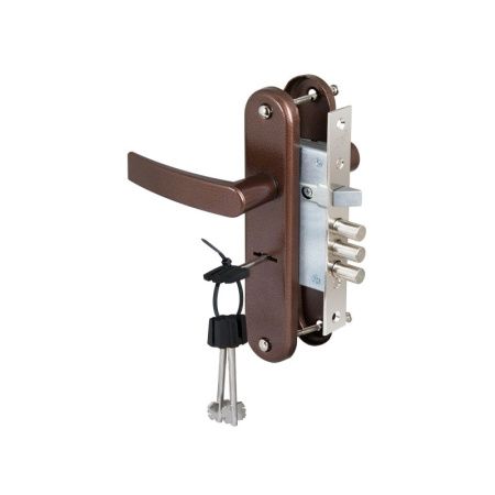 Замок врезной сувальдный с защёлкой в комплекте с ручкой ЗВ9-6/13 (медный антик)